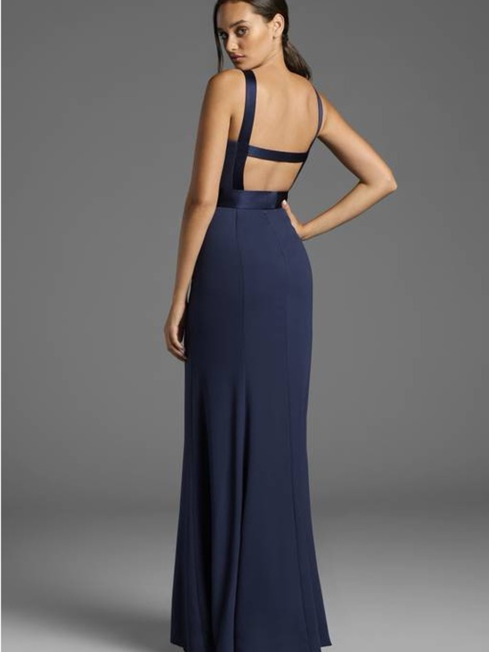White by Vera Wang Long V-Neck Gown with Banded Waist Midnight Navy Blue Size 8